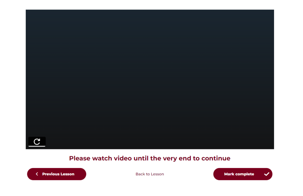 Screenshot of the course video module, with Mark Complete colored red and clickable